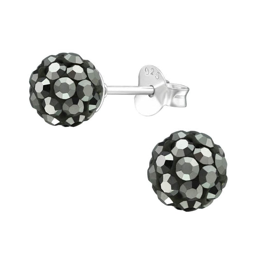 925 Sterling Silver Haematite Grey CZ Crystal Disco Ball Earrings