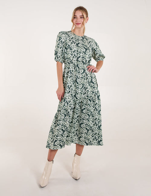 Abstract Elasticated Tie Waist Midi Dress