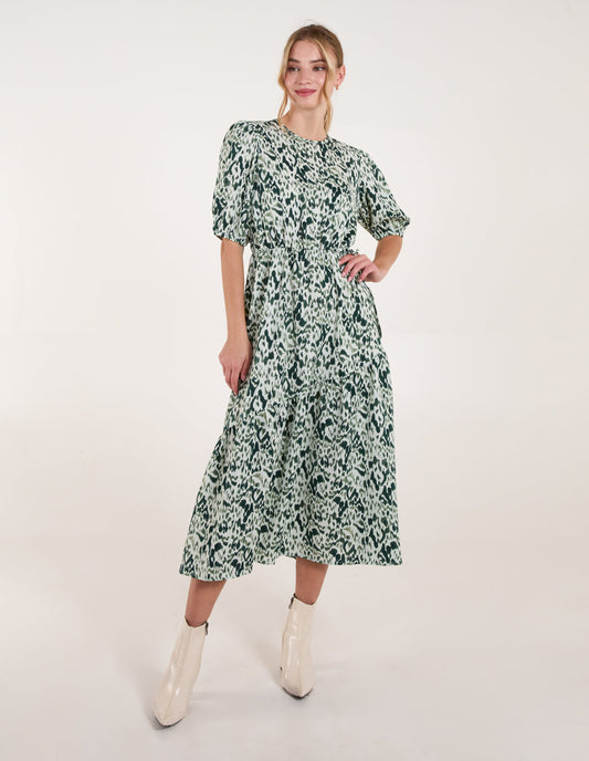 Abstract Elasticated Tie Waist Midi Dress