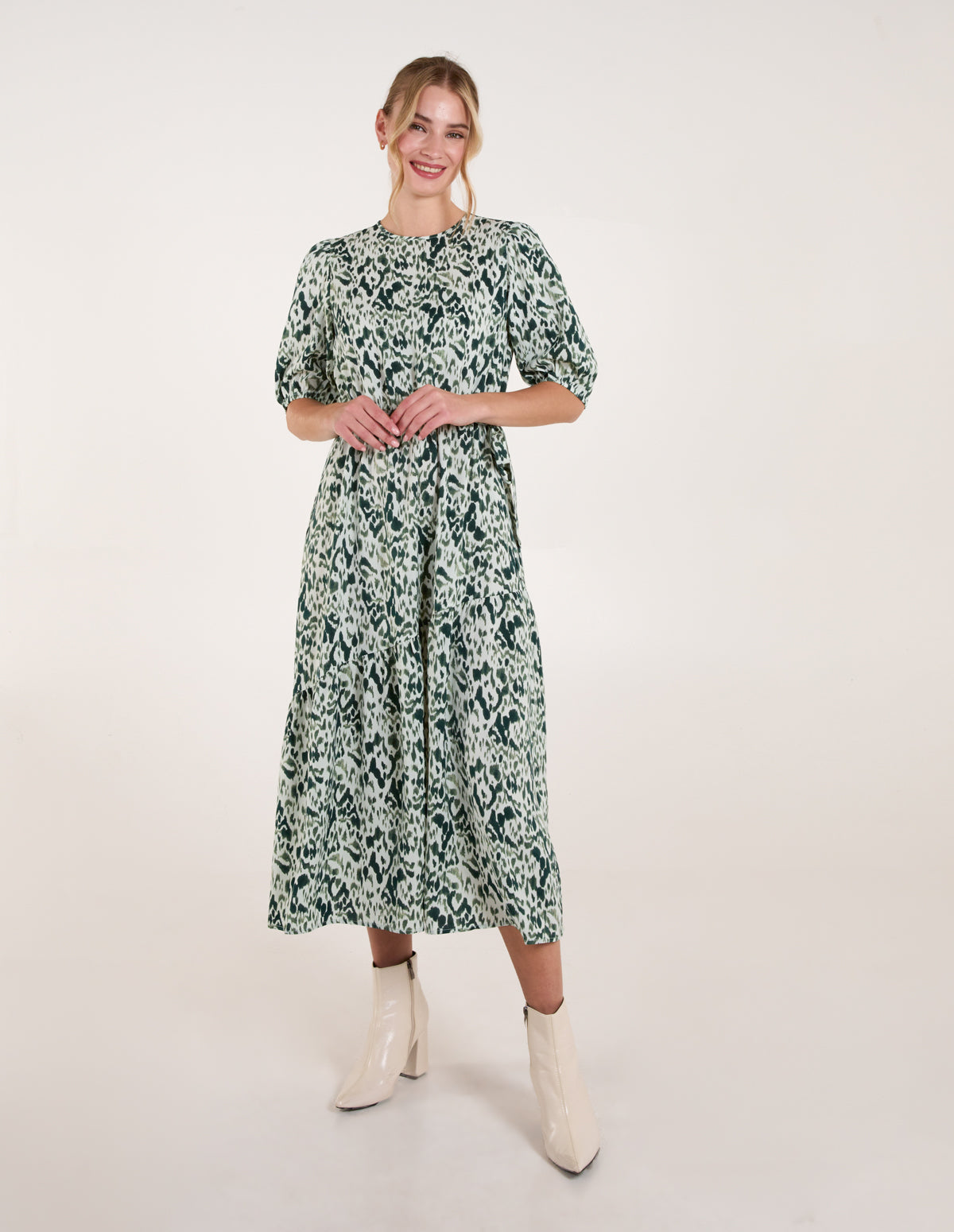 Abstract Elasticated Tie Waist Midi Dress