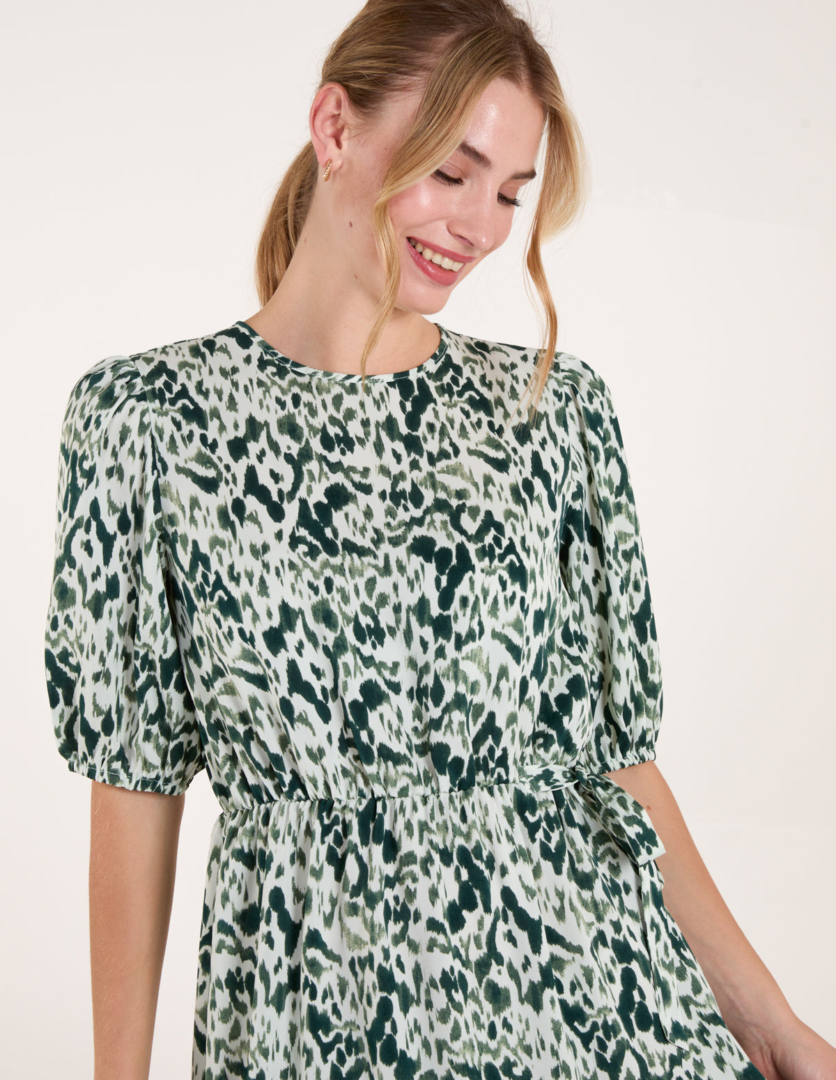 Abstract Elasticated Tie Waist Midi Dress