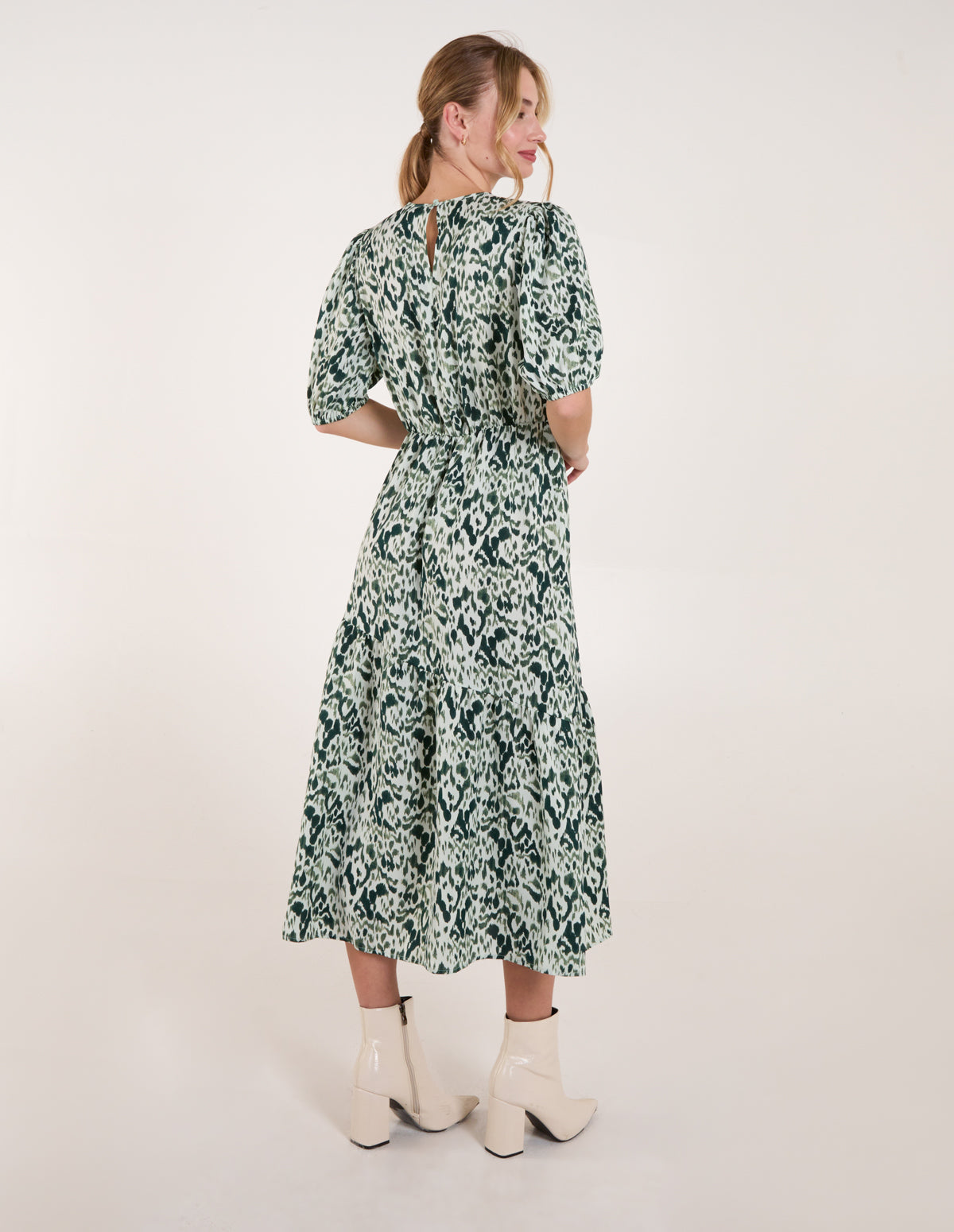 Abstract Elasticated Tie Waist Midi Dress