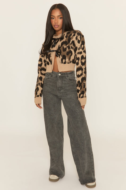 Beige Leopard Print Tie Front Knitted Cardigan - Bekka