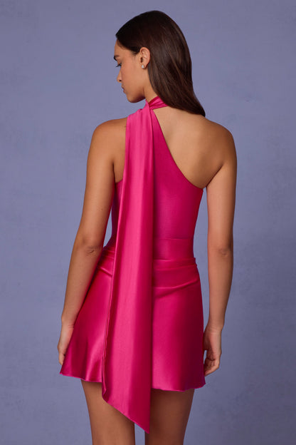 Asymmetric Scarf-Detail Mini Dress in Hot Pink