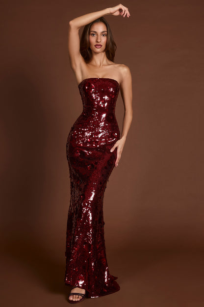 3D Embellished Bandeau Maxi Dress in Red