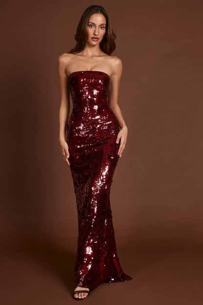 3D Embellished Bandeau Maxi Dress in Red